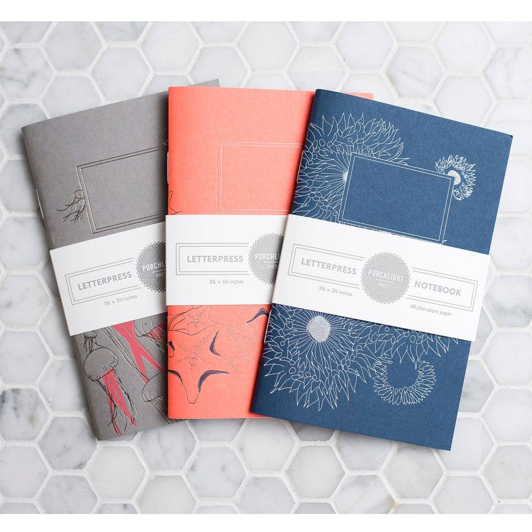Set of 3 Pocket Letterpress Notebooks - Aquatic Series